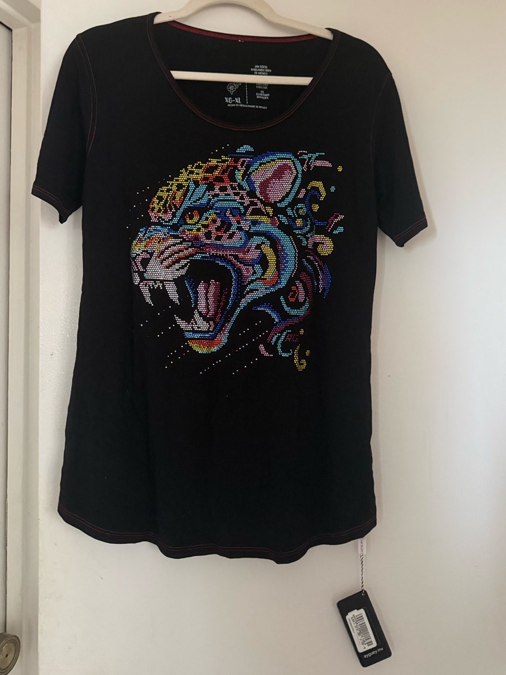 Black Short Sleeve Tee with Colorful Leopard Head Graphic